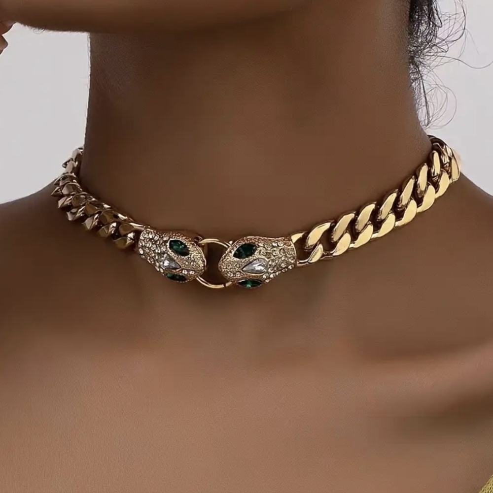 Double Head Green Eyed Snake Necklace Choker
